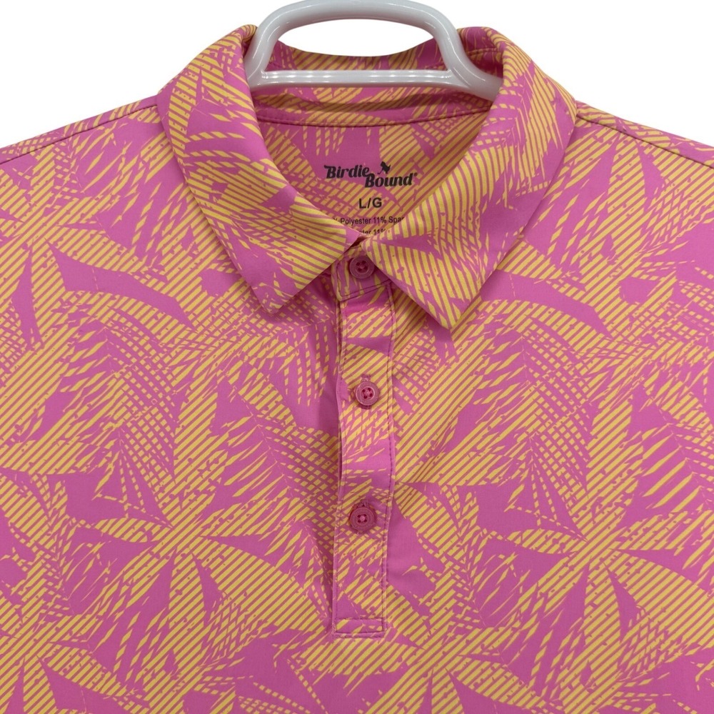 Birdie Bound Men's Golf Polo Shirt Large Palm Print Pink Yellow Short Sleeve NWT